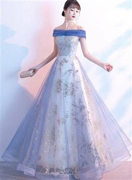 Picture of Light Blue Off Shoulder Tulle with Lace Long Evening Dresses Prom Dresses, Blue Formal Dress